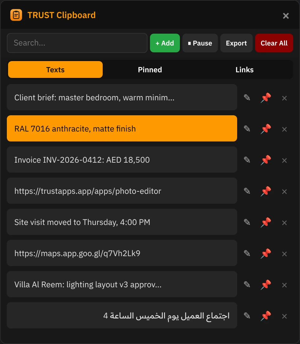 Your copy history, pinned items first
