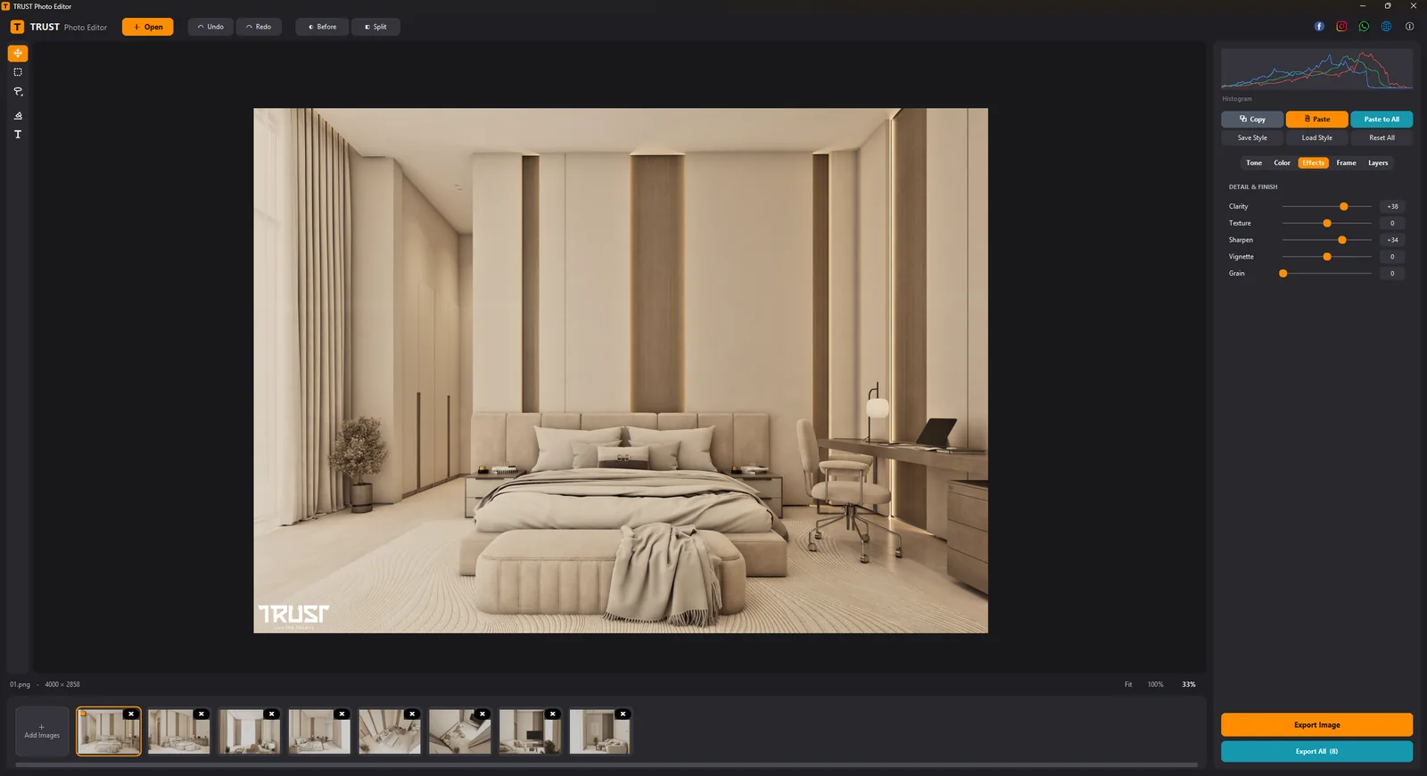 Effects: clarity, texture, sharpen, vignette, grain