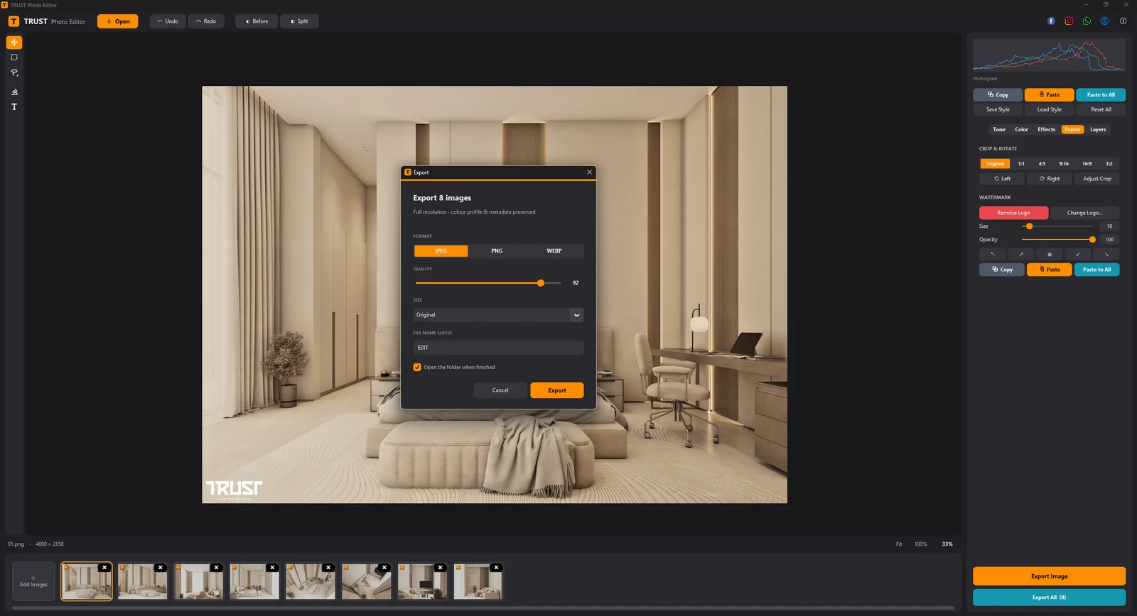 Export all 8 photos at full resolution