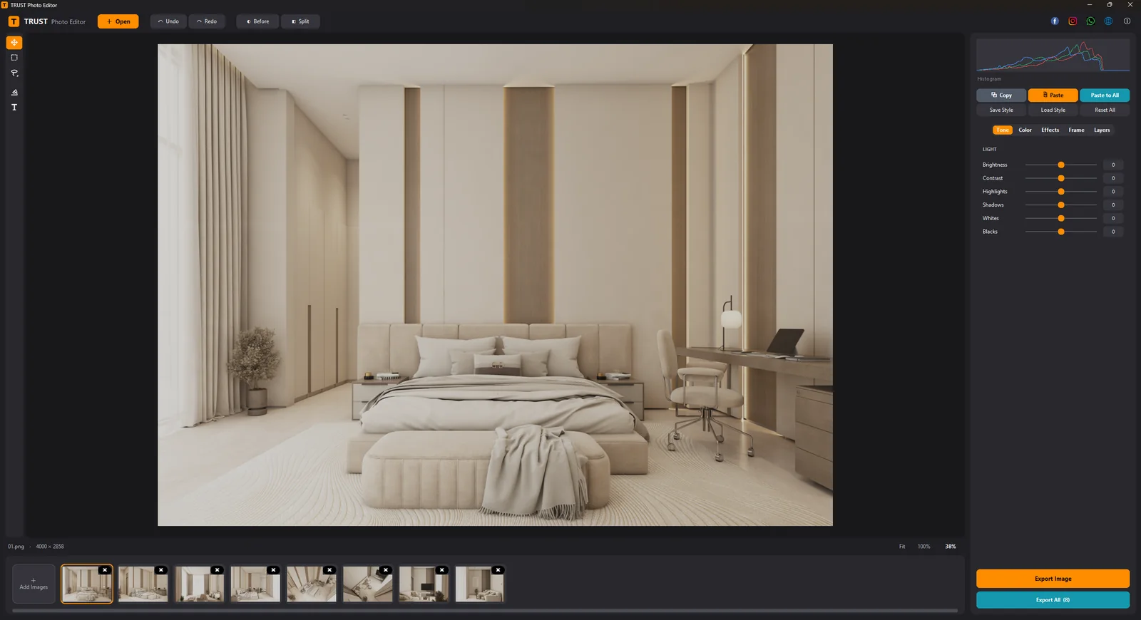 Eight photos open, Tone tab
