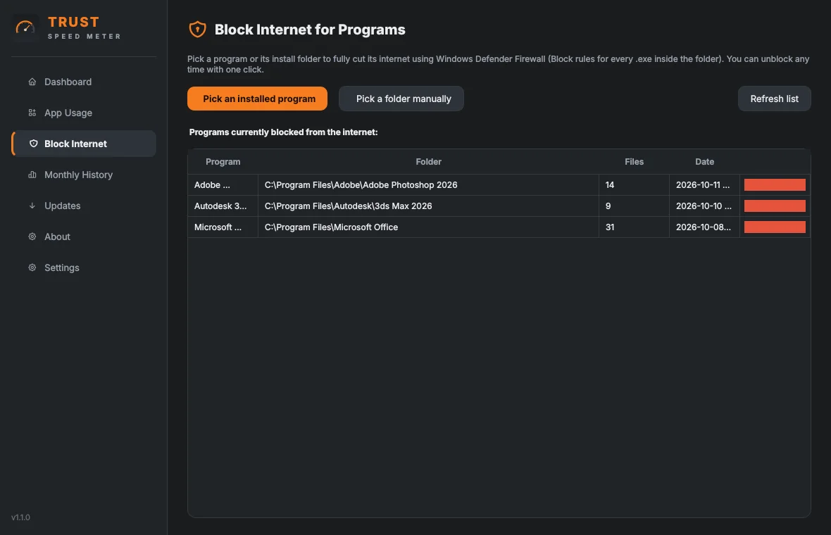 Programs blocked from the internet, unblock in one click