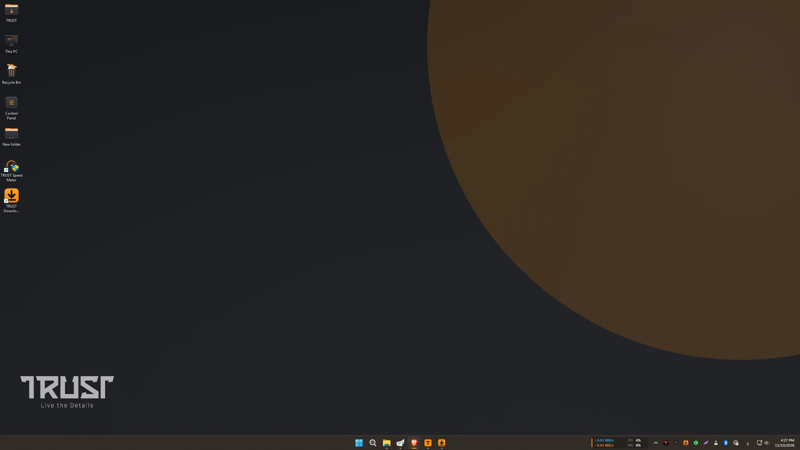 A real desktop with TRUST Theme: wallpaper, logo, icons and taskbar