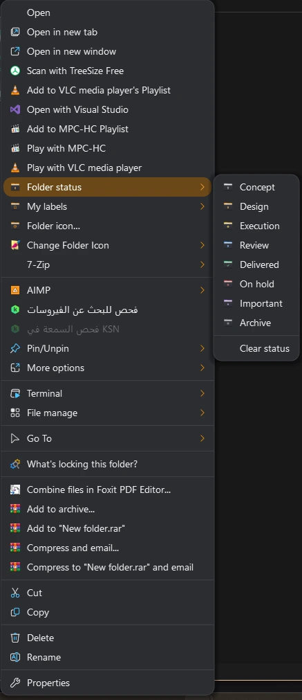 Folder right-click menu: Folder status with eight project stages, My labels and Folder icon